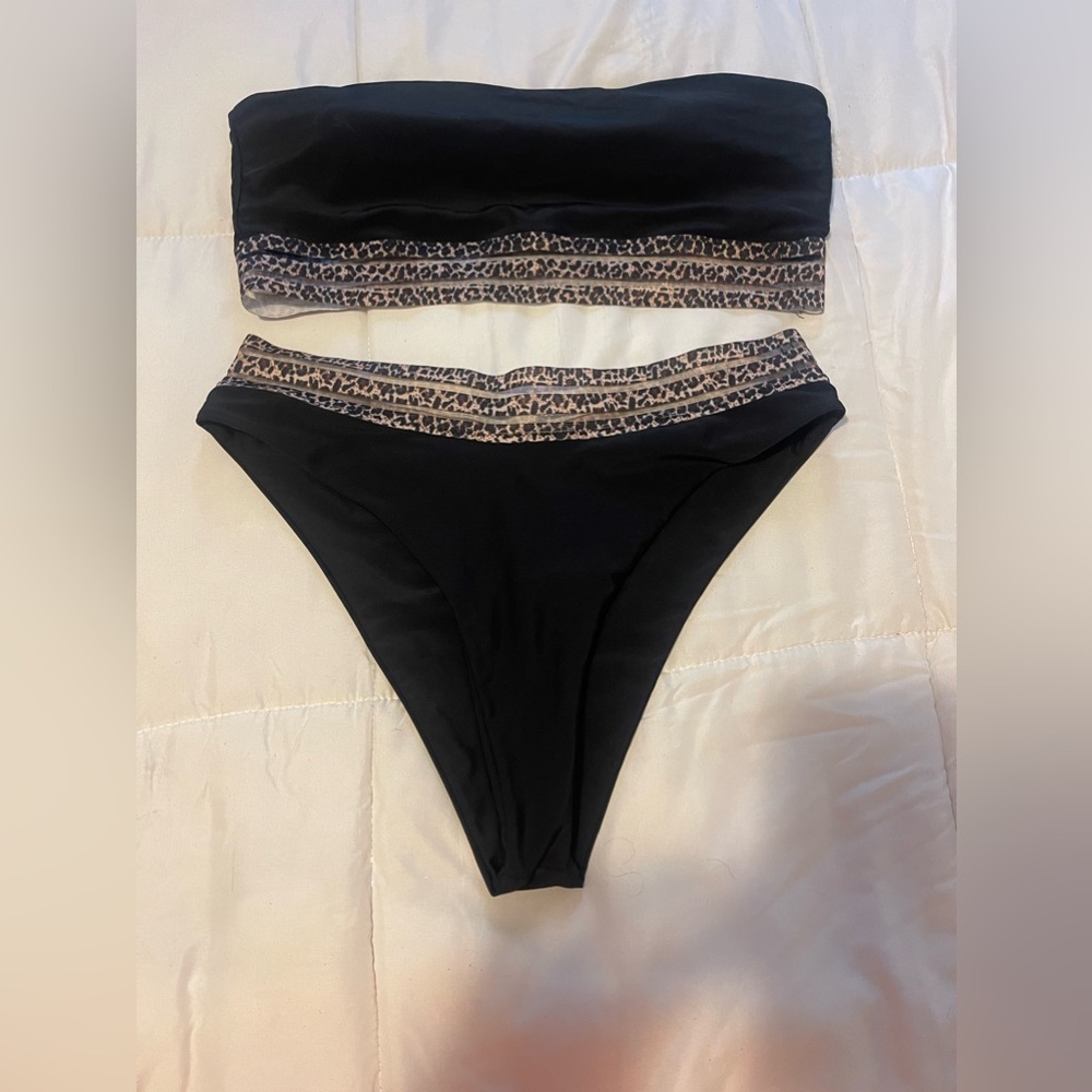 cheetah print and black high rise bikini with strapless top